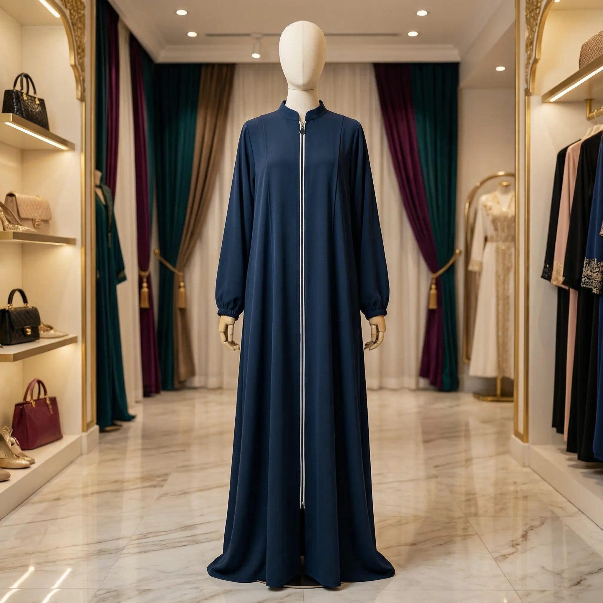 Navy Blue Minimalist Zipper Abaya